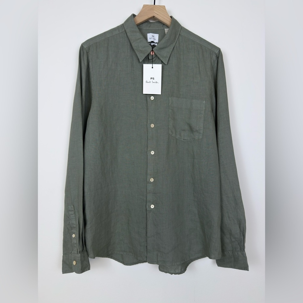 Paul Smith Linen Shirt Mens L Green Tailored Fit Button Up NWT